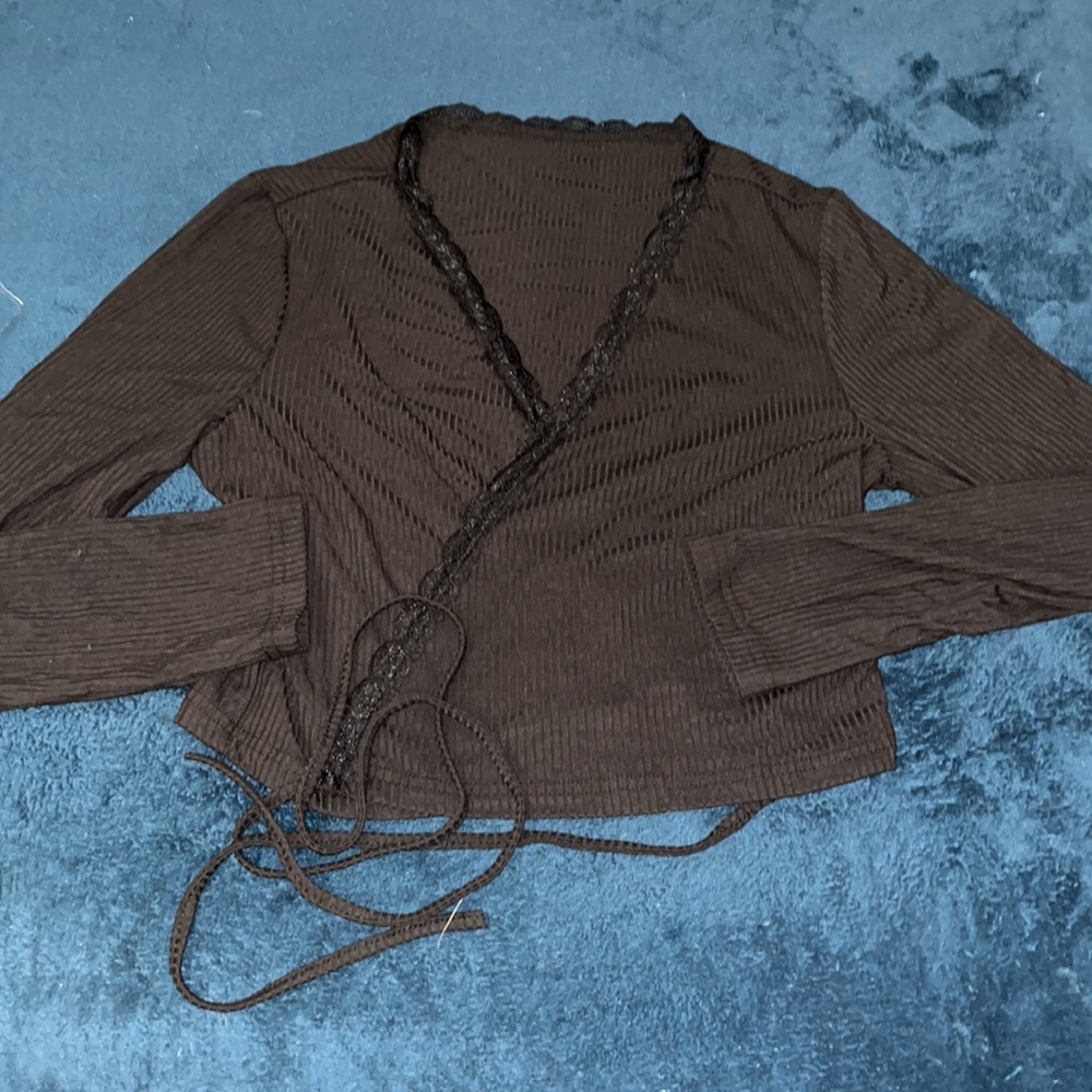 SHEIN Ribbed Wrap Front Lace Trim Long Sleeve Crop Top Size Large